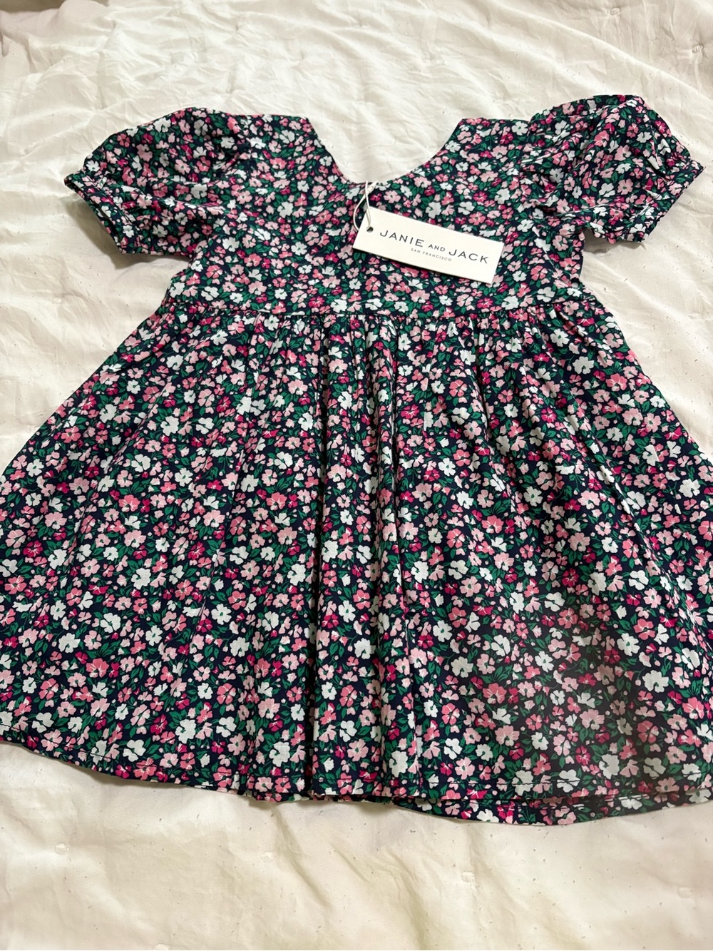 Janie and Jack Navy Floral Dress with Pink & White Blooms